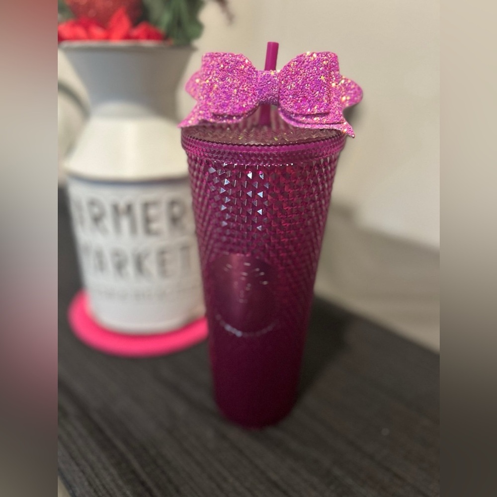 Starbucks Purple Tumbler with Pink Glitter Bow - NEW -